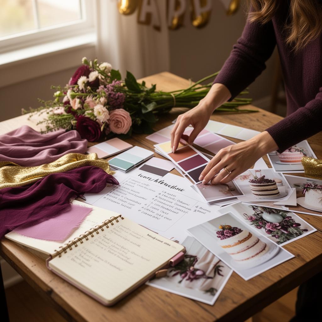 Hands arranging a mood board with fabric swatches, color cards and flowers while planning an event